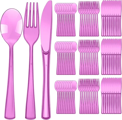 Vista 11 de Minatee Juego de 150 piezas de cubiertos desechables de plástico, cubiertos de plata resistentes, juego de utensilios 50 tenedores, 50 cuchillos, 50