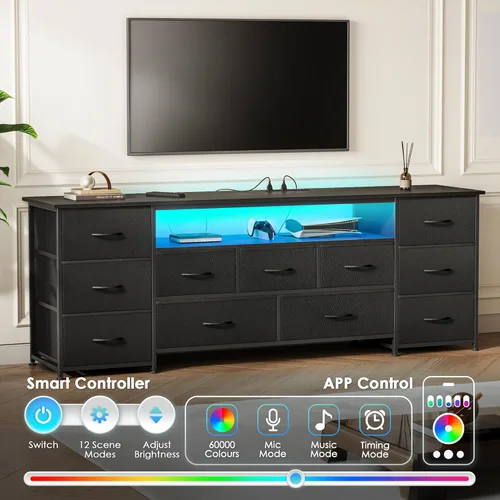 Vista 4 de Huuger Soporte de TV de 63 pulgadas para TV de 65, 70 pulgadas, cómoda larga con 11 cajones con tomas de corriente y luces LED, centro