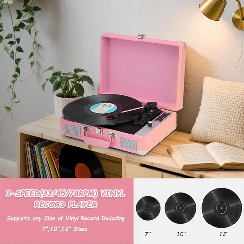 Vista 5 de Tocadiscos, reproductor de discos de vinilo con altavoces estéreo, reproductor de discos Bluetooth de 3 velocidades, tocadiscos todo en uno