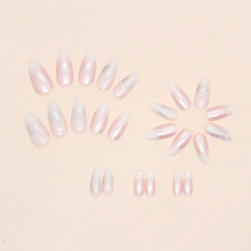 Vista 3 de Aurora - Uñas postizas a presión degradadas, uñas postizas largas de almendra, diseño de sol y luna brillante, uñas artificiales reutilizables