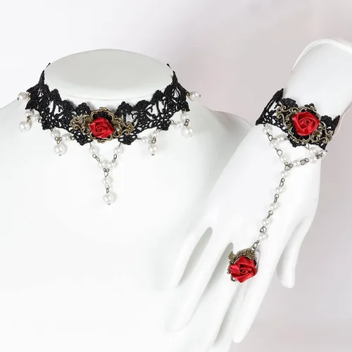 Vista 3 de Conjunto de Gargantilla, Pulsera y Anillo para Mujer, Collar de Encaje Gótico Vintage con Colgante de Abalorios, Joyería A: blanco