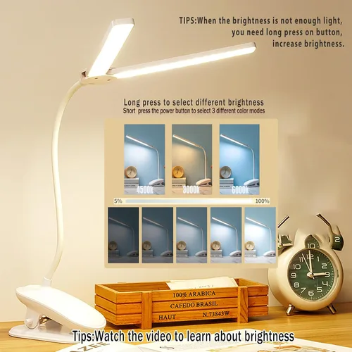 Vista 5 de Lámpara de escritorio LED de doble cabeza con abrazadera, luces de clip para oficina en casa, lámparas de mesa recargables de 3500 mAh, 3 modos