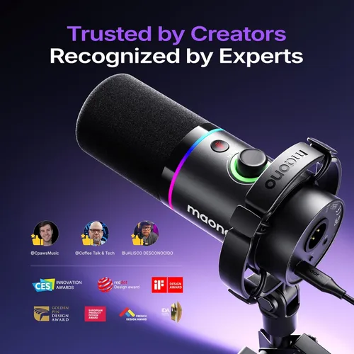 Vista 2 de MAONO Kit de micrófono dinámico XLR/USB, paquete de micrófono RGB para juegos para podcast Studio Streaming Grabación Vocal PD200X+BA92 Negro