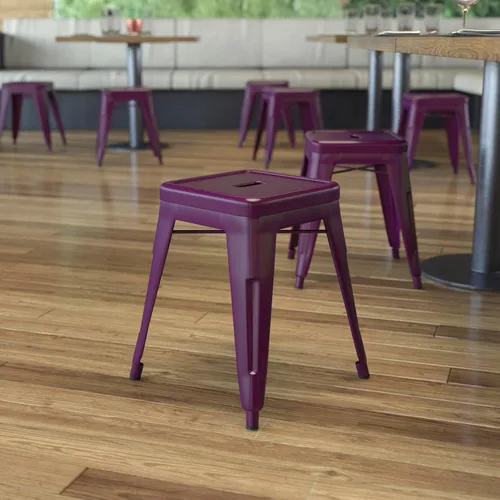 Vista 29 de Flash Furniture Taburete de metal para mesa de comedor, taburete de grado comercial Kai rojo sin espalda, silla de comedor apilable de 18 pulgadas