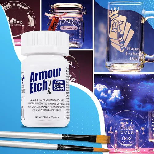 Vista 6 de Crema para Grabado de Vidrio Armour Etch - Tamaño Inicial de 2.8oz - Incluye Pinceles de Aplicación Moshify