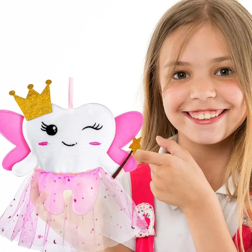 Vista 5 de Breling Kit de almohada de dientes para niñas, regalo de dientes, almohada con bolsillo que incluye soporte para dientes perdidos, bloc de notas