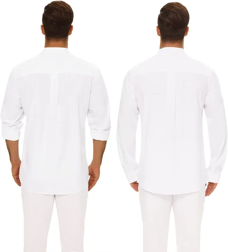 Vista 4 de Camisas casuales de lino de algodón de manga larga para hombre, con botones, lisas, lisas, enrollables, para verano y playa