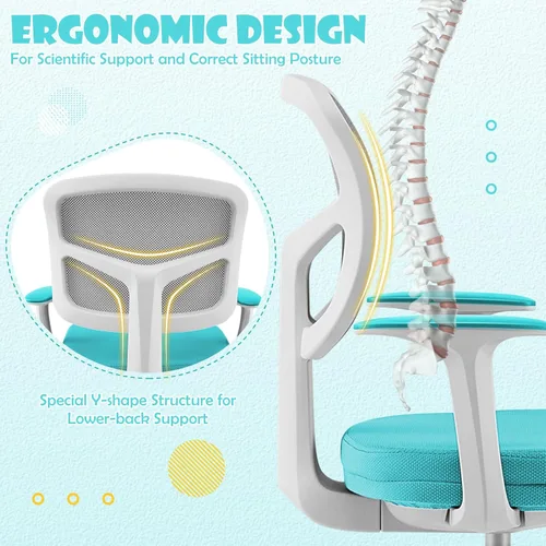 Vista 32 de POWERSTONE Silla de escritorio para niños, silla de computadora de malla ajustable con reposabrazos, cojín suave y silla de oficina giratoria de Rosa