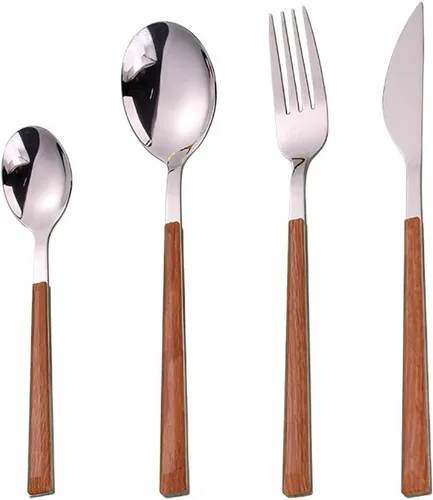 Vista 9 de Juego de cubiertos de madera de 56 piezas para 14 personas con mango de madera de imitación de madera, utensilios de cubiertos de acero inoxidable