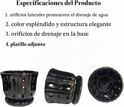 Vista 4 de Maceta de Cerámica para Orquídeas con Platillo Adjunto y Agujero de Drenaje de 6 Pulgadas (Negro)