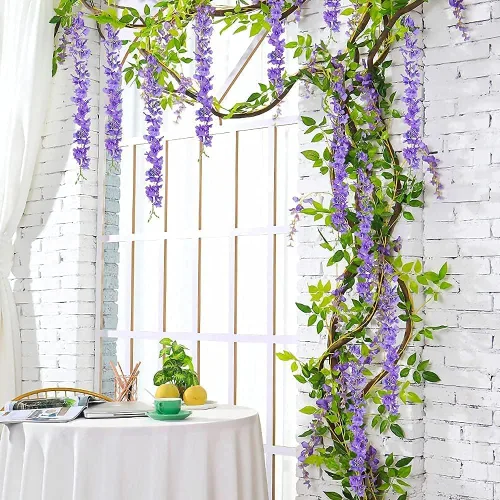 Vista 4 de Guirnalda de glicina artificial, paquete de 12 flores artificiales de 3.6 pies, flores artificiales de seda de vid de glicina falsas para decoración