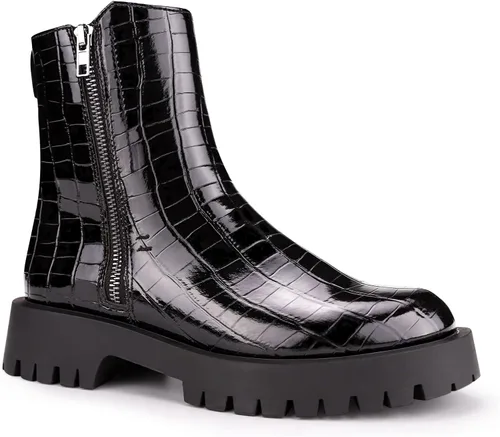 Vista 2 de ISOMEI Botines negros de cocodrilo para mujer botas de combate con cremallera y plataforma de charol