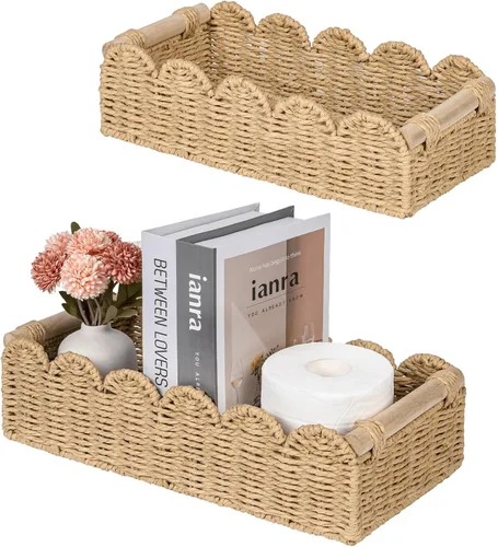 Vista 7 de CubesLand Canastas decorativas de cuerda de papel con borde festoneado para el hogar, sala de estar, dormitorio, cesta de inodoro para estante